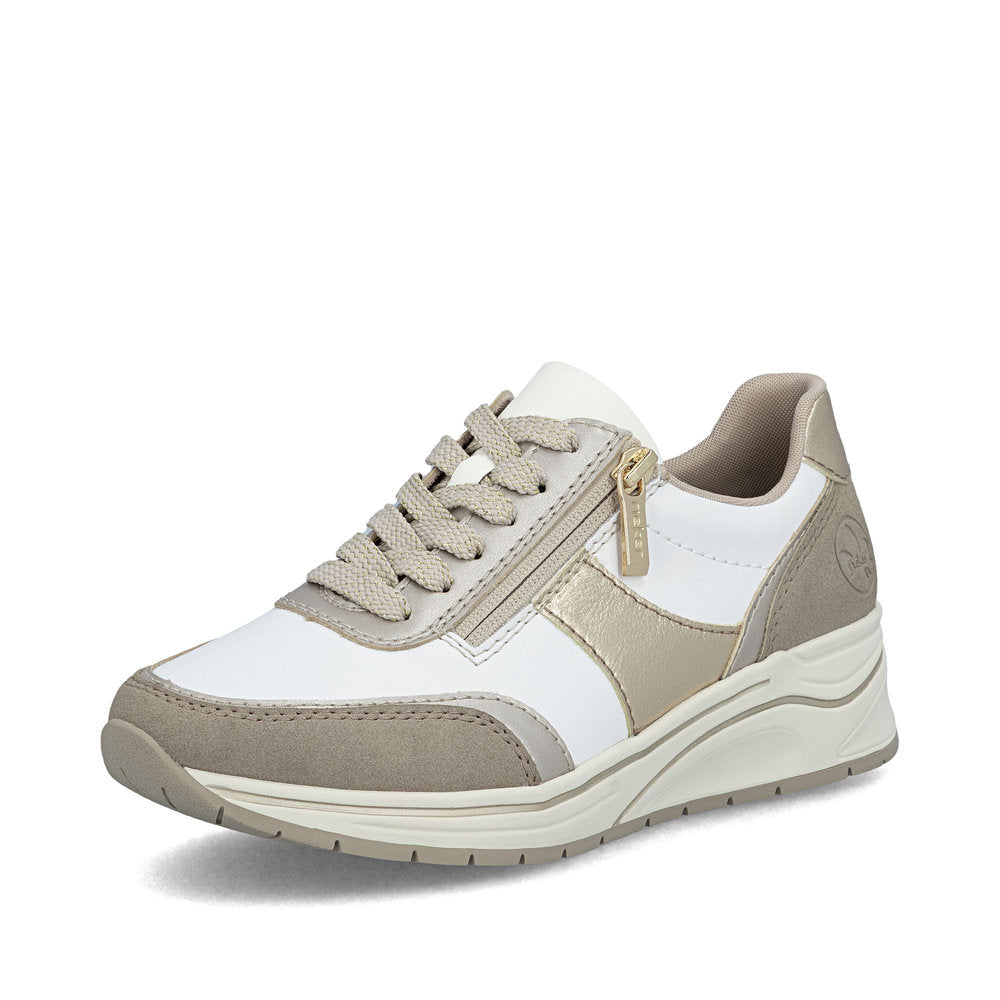 Rieker N9504-80 White, Champagne & Light Gold H Fit Trainers with Zip