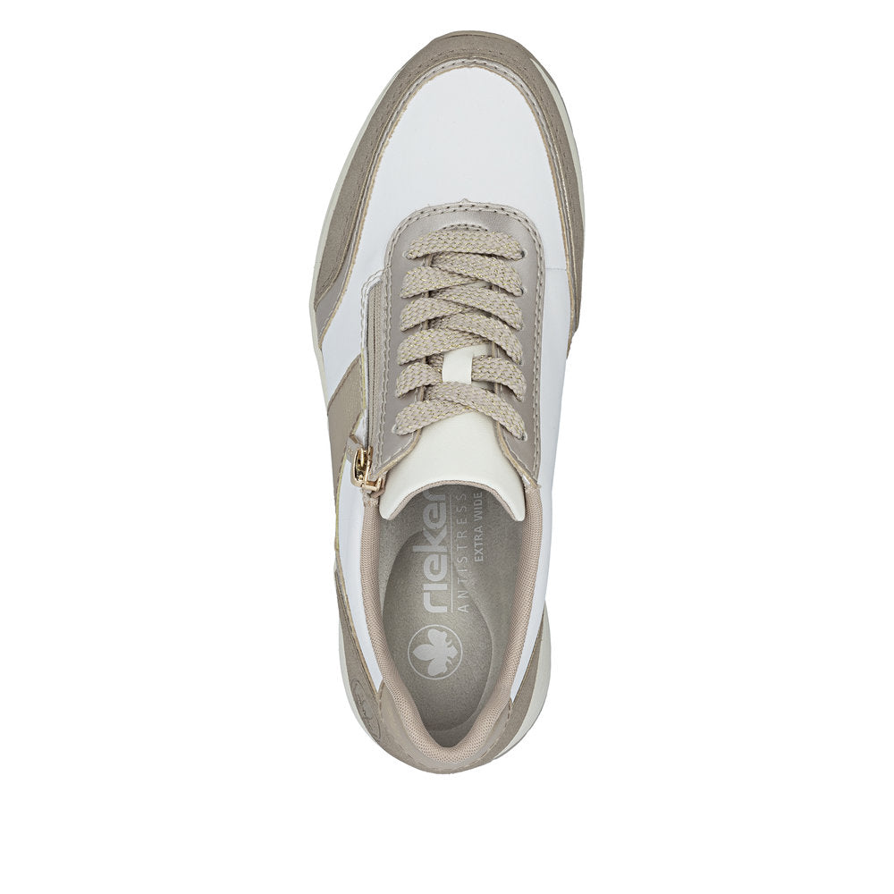 Rieker N9504-80 White, Champagne & Light Gold H Fit Trainers with Zip
