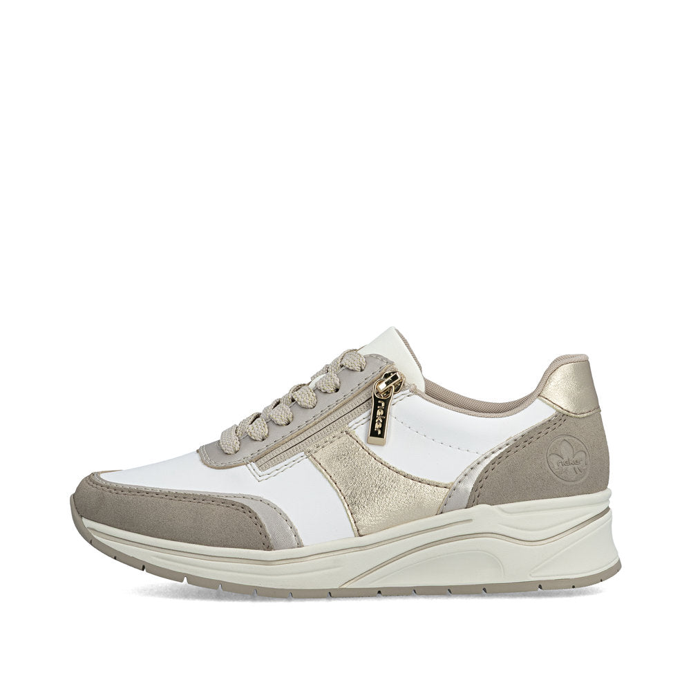 Rieker N9504-80 White, Champagne & Light Gold H Fit Trainers with Zip