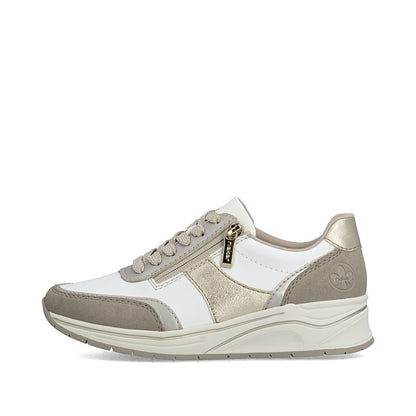 Rieker N9504-80 White, Champagne & Light Gold H Fit Trainers with Zip