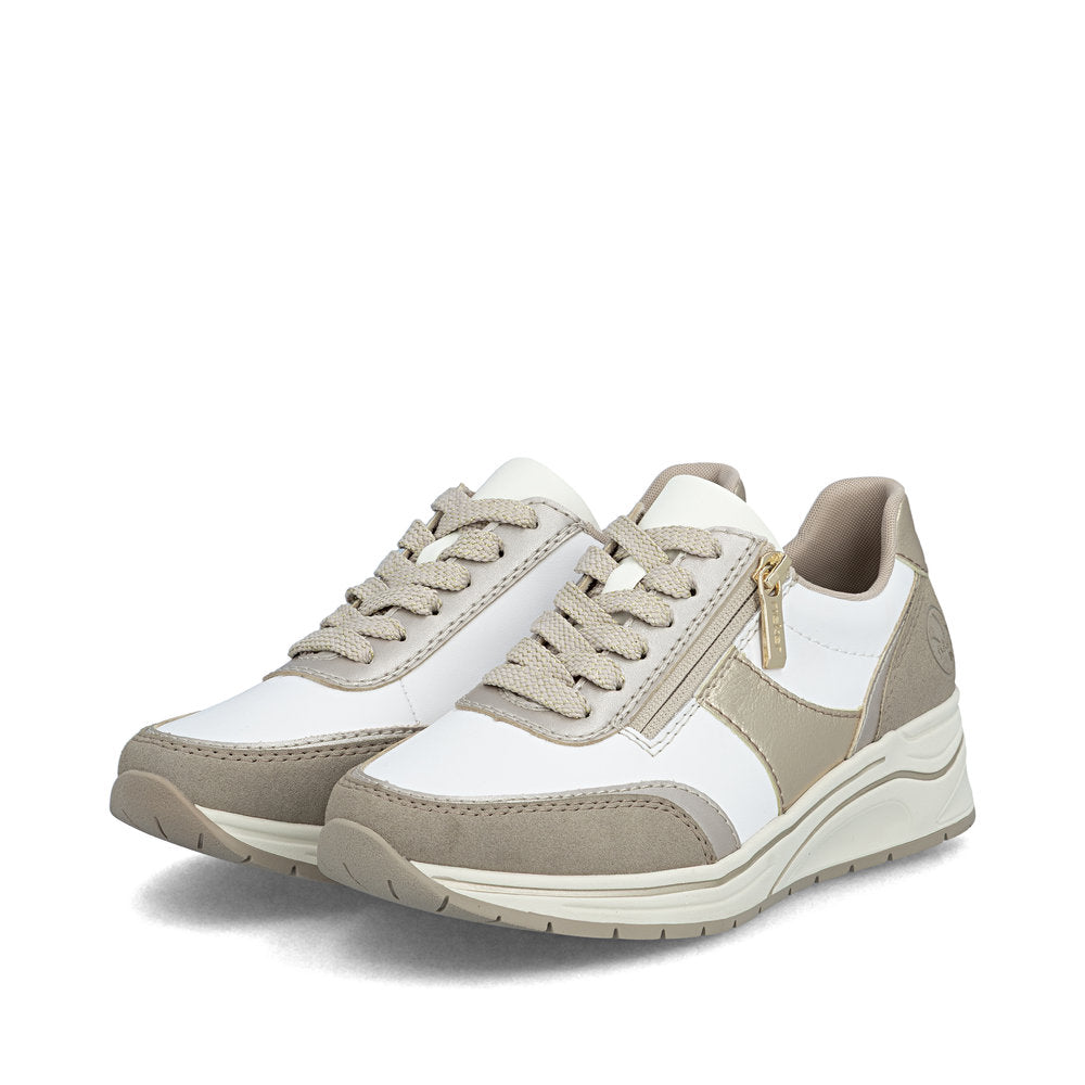 Rieker N9504-80 White, Champagne & Light Gold H Fit Trainers with Zip