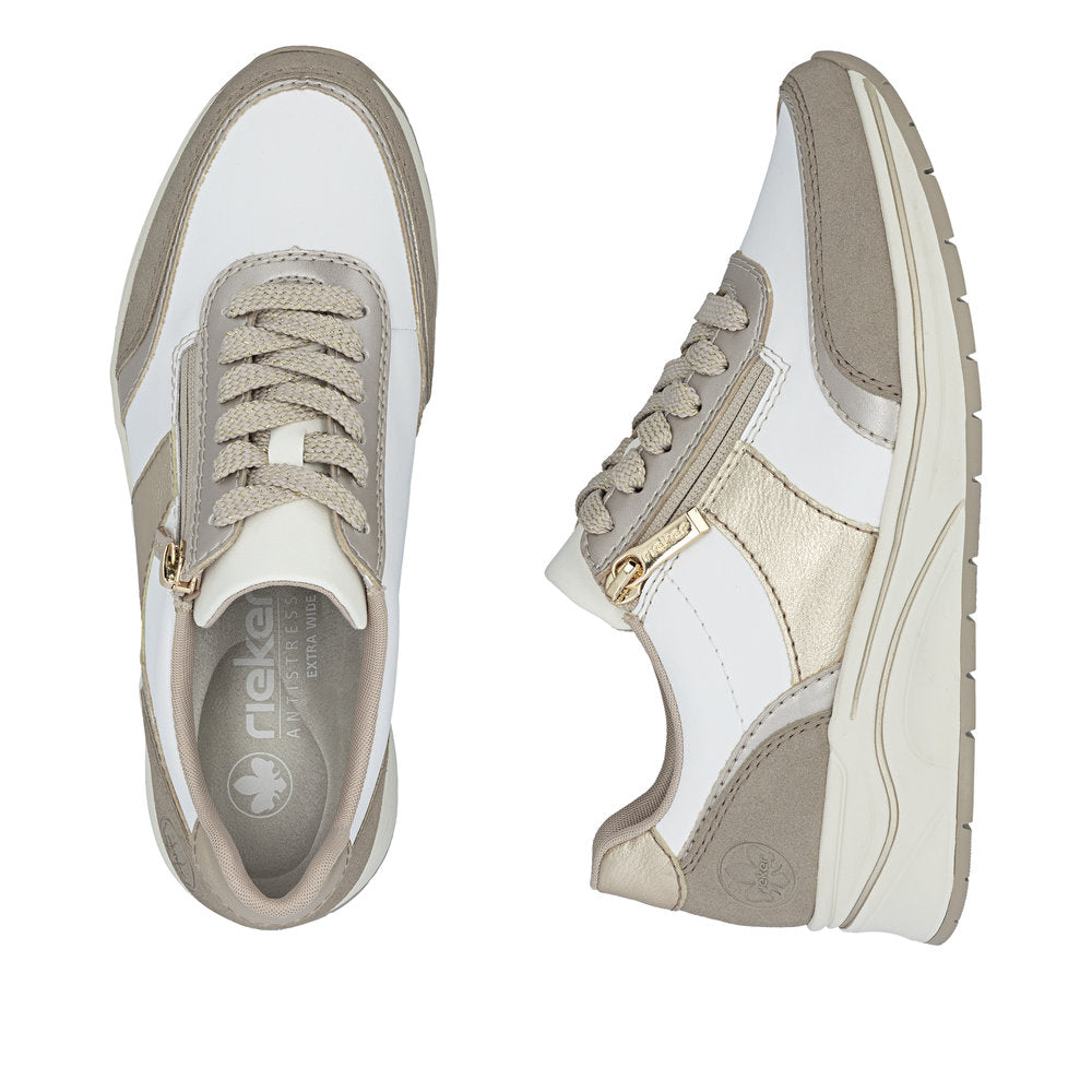 Rieker N9504-80 White, Champagne & Light Gold H Fit Trainers with Zip