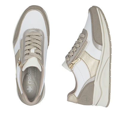 Rieker N9504-80 White, Champagne & Light Gold H Fit Trainers with Zip