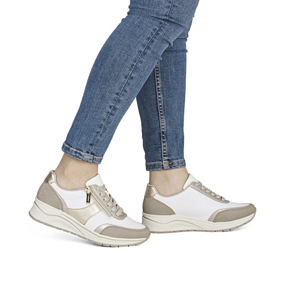 Rieker N9504-80 White, Champagne & Light Gold H Fit Trainers with Zip
