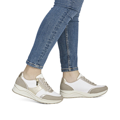 Rieker N9504-80 White, Champagne & Light Gold H Fit Trainers with Zip