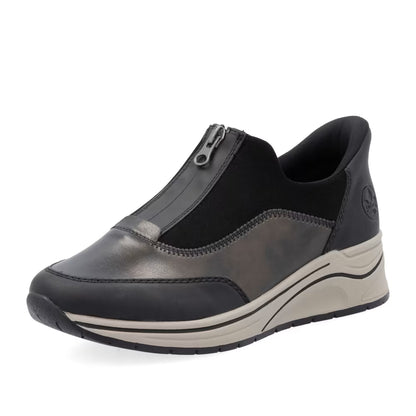 Rieker N9553-25 Black & Antique Silver H Fit Front Zip Shoes