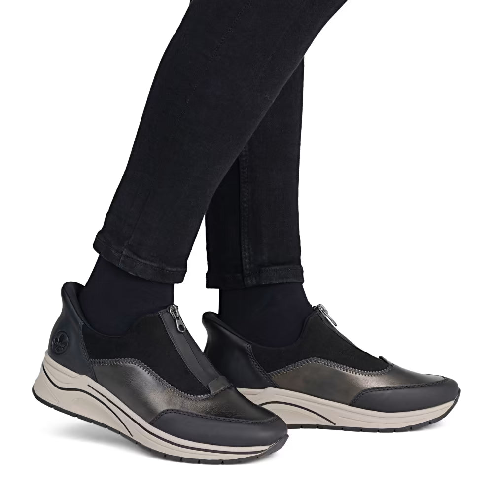 Rieker N9553-25 Black & Antique Silver H Fit Front Zip Shoes