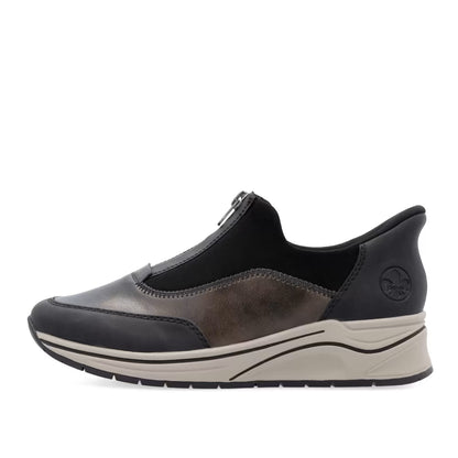 Rieker N9553-25 Black & Antique Silver H Fit Front Zip Shoes