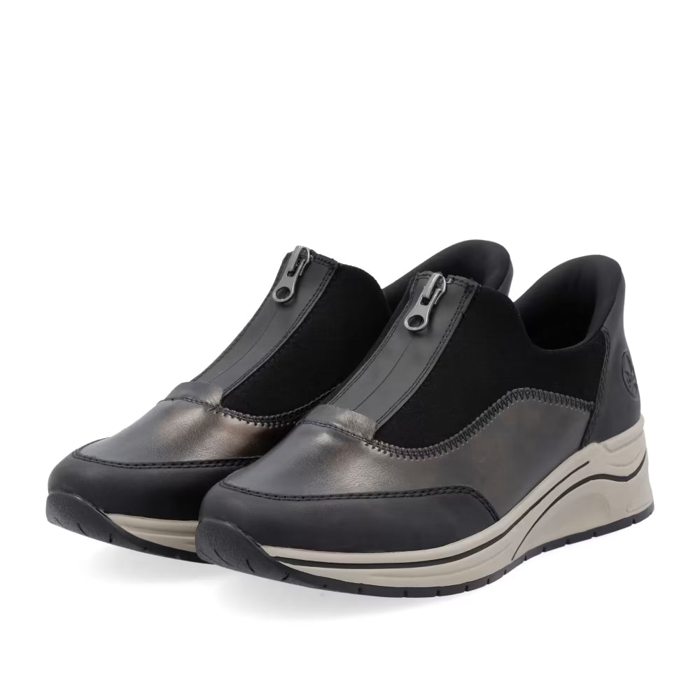 Rieker N9553-25 Black & Antique Silver H Fit Front Zip Shoes