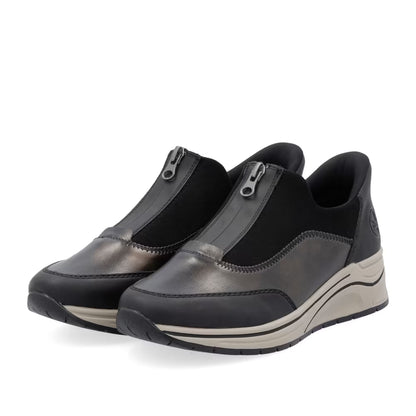 Rieker N9553-25 Black & Antique Silver H Fit Front Zip Shoes