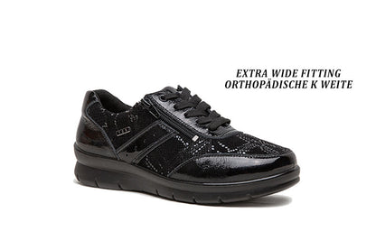 G Comfort P-8262 Black Shiny Extra Wide Shoes with Lace & Zip
