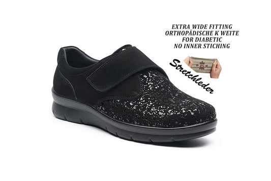 G Comfort P-8267STN Black Nubuck Shimmer Stretch Velcro Shoes