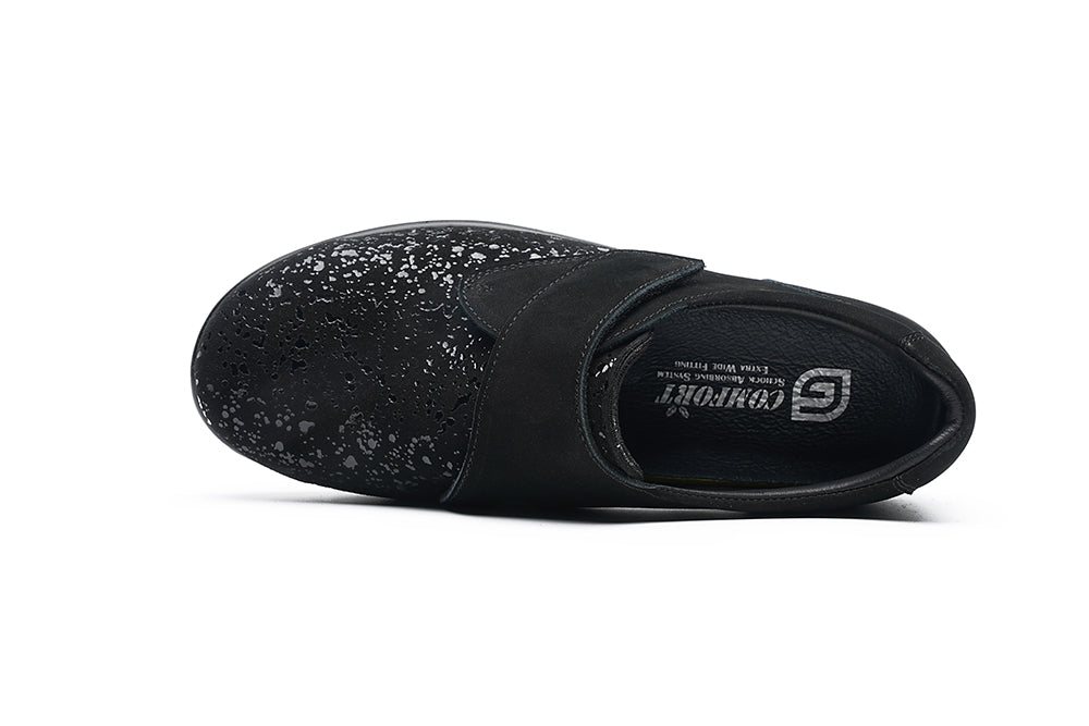 G Comfort P-8267STN Black Nubuck Shimmer Stretch Velcro Shoes
