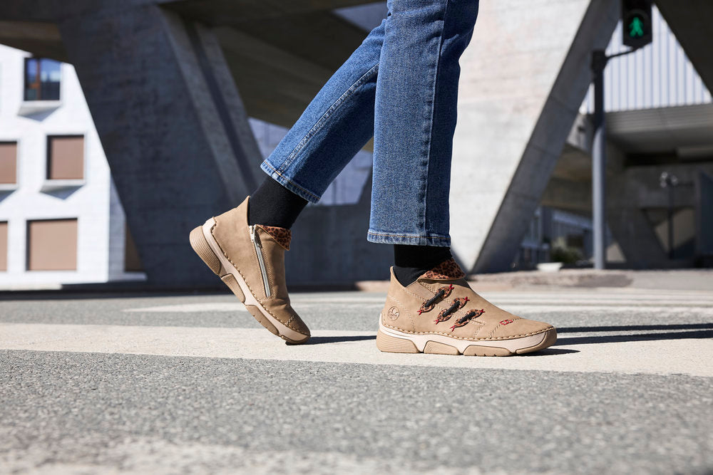Rieker 45983-64 Beige Ankle Boots with Leopard Trim