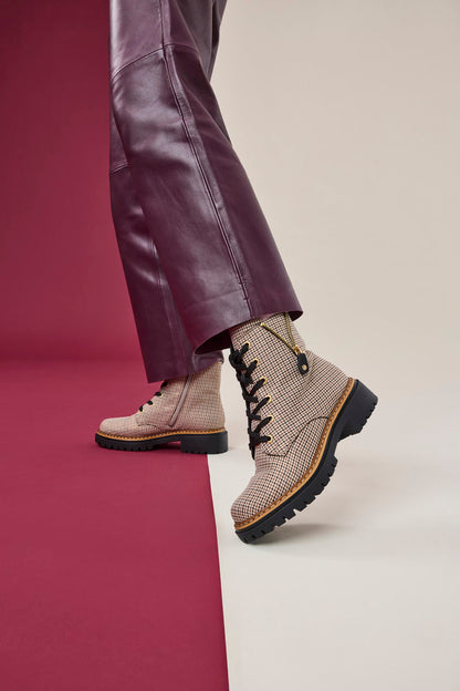 Rieker 72617-60 Houndstooth Beige & Black Combi Lace Ankle Boots