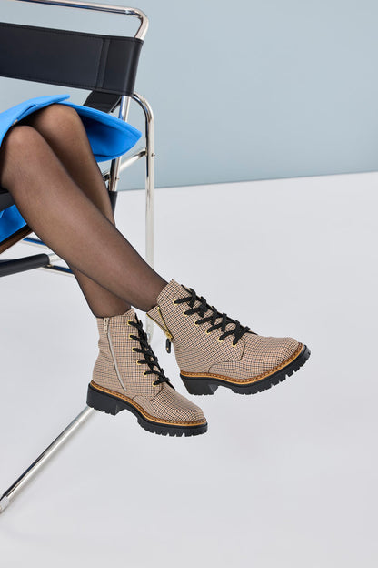 Rieker 72617-60 Houndstooth Beige & Black Combi Lace Ankle Boots