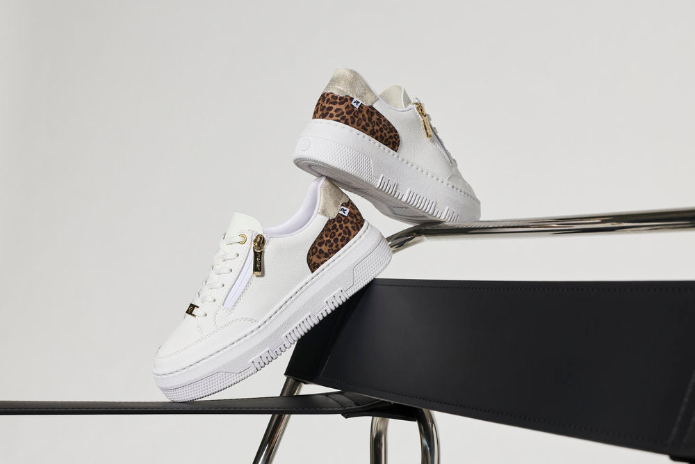 Rieker M1900-80 White & Leopard Heel F Fit Trainers with Zip