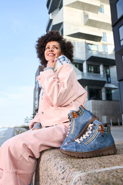 Rieker TEX N1305-14 H Fit Baltic Blue & Orange Multi Cuff Ankle Boots