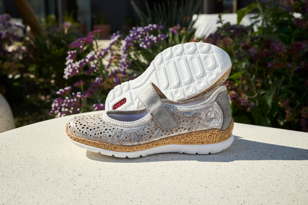 Rieker N4299-90 Grey Silver Flower F 1/2 Fit Velcro Shoes