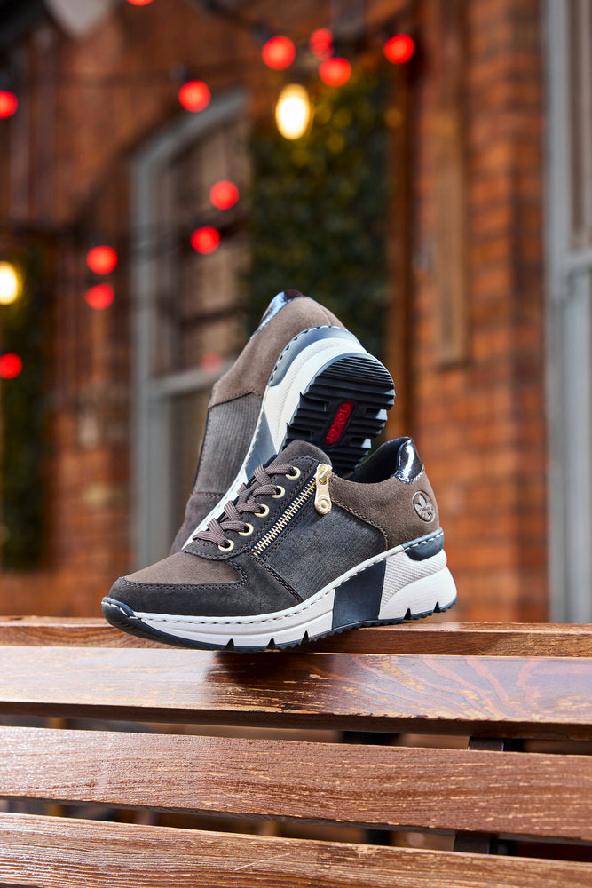 Rieker N6314-25 Brown & Gold Zip Wedge Trainers