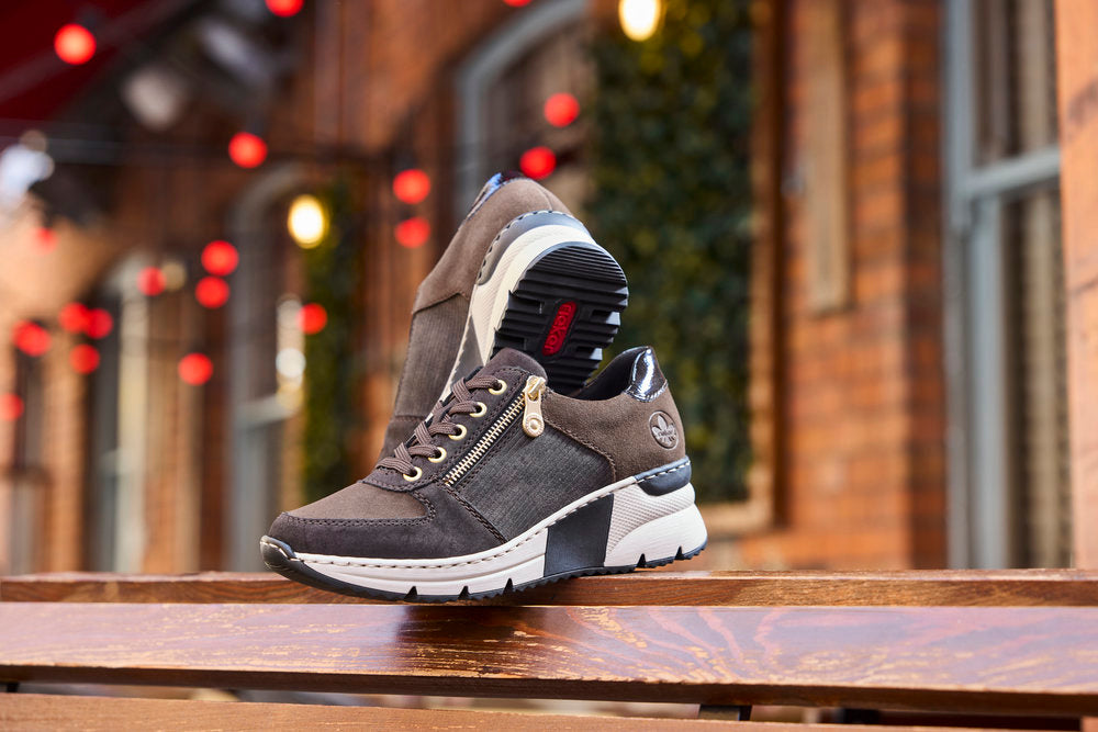 Rieker N6314-25 Brown & Gold Zip Wedge Trainers