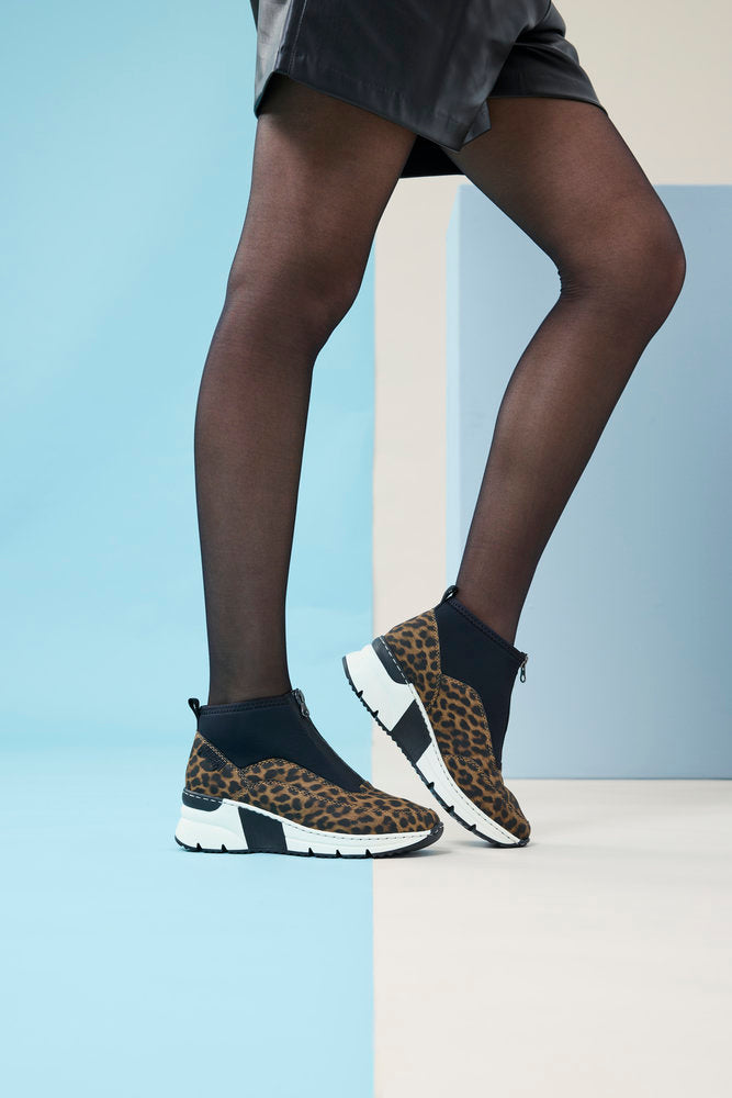Rieker N6352-90 Brown Leopard & Black G Fit Front Zip Boots
