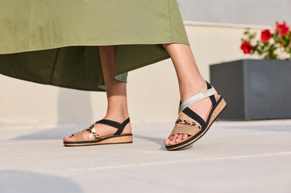 Rieker V3663-92 Shell, Beige, Light Gold & Black Combi F Fit Slingback Sandals