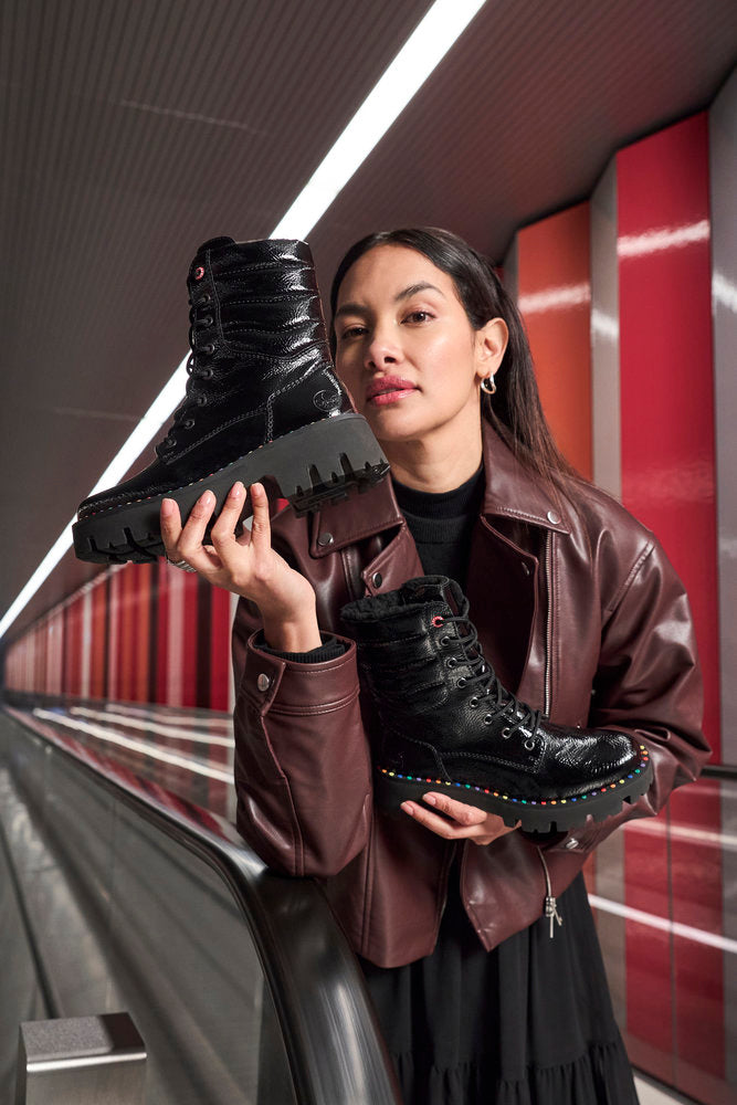 Rieker Y3330-00 Black Patent Lace Ankle Boots