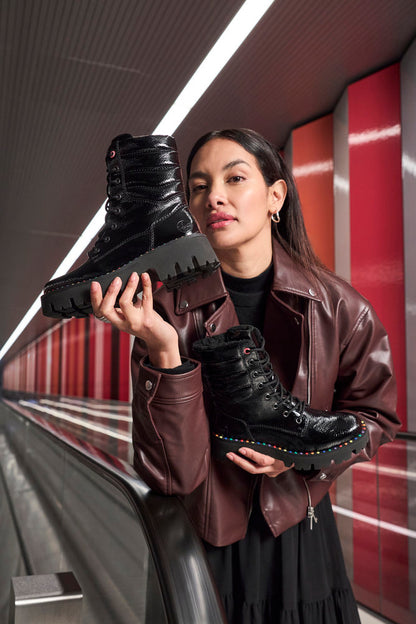 Rieker Y3330-00 Black Patent Lace Ankle Boots