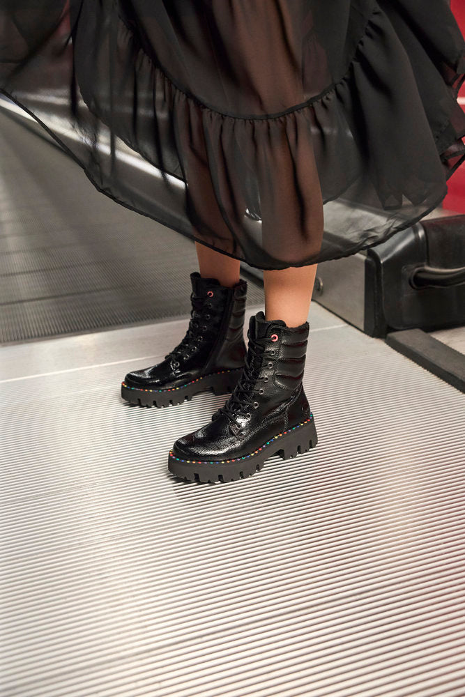 Rieker Y3330-00 Black Patent Lace Ankle Boots