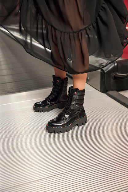 Rieker Y3330-00 Black Patent Lace Ankle Boots