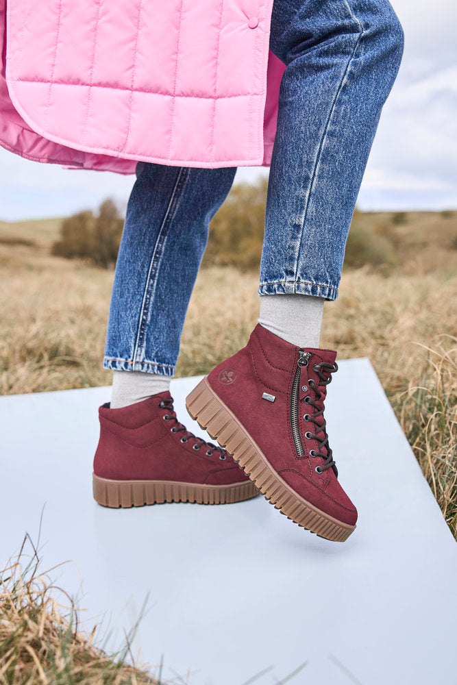 Rieker TEX Y6104-35 Burgundy Ankle Boots with Lace & Side Zip