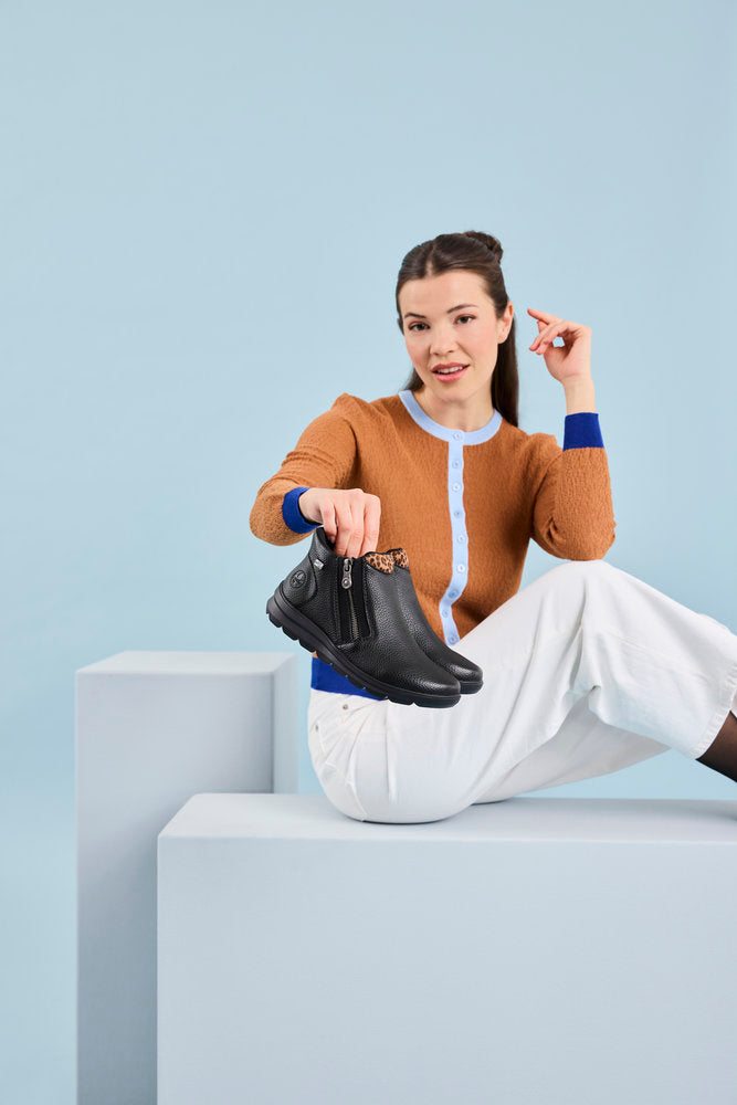 Rieker TEX Z0059-00 Black & Leopard Trim Ankle Boots