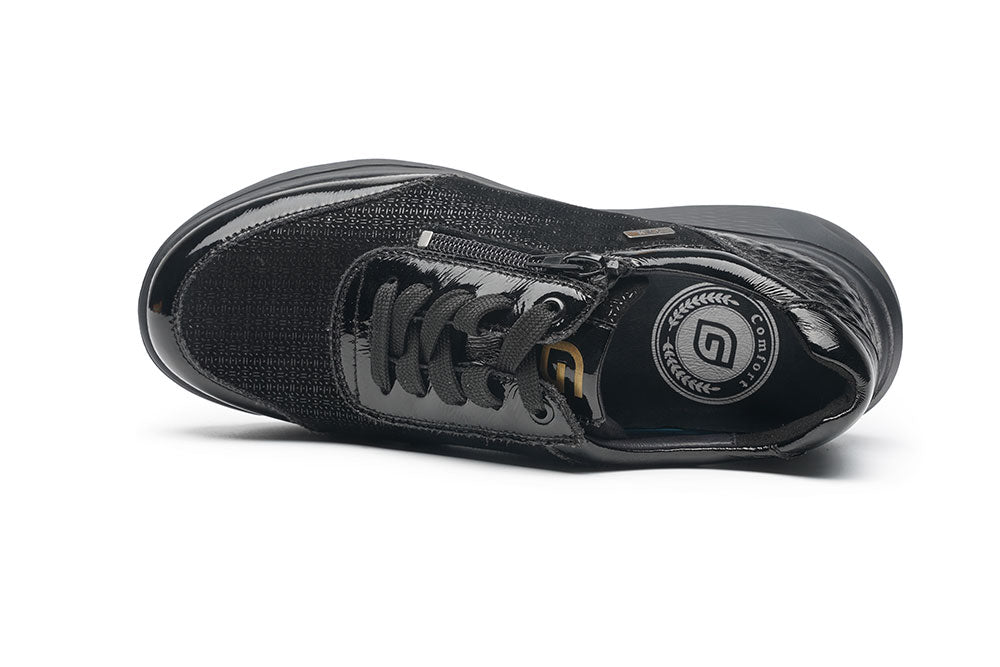 G Comfort S-2725 SF Black Patent Fantasy Sneaker with Side Zip.- Ultra Light