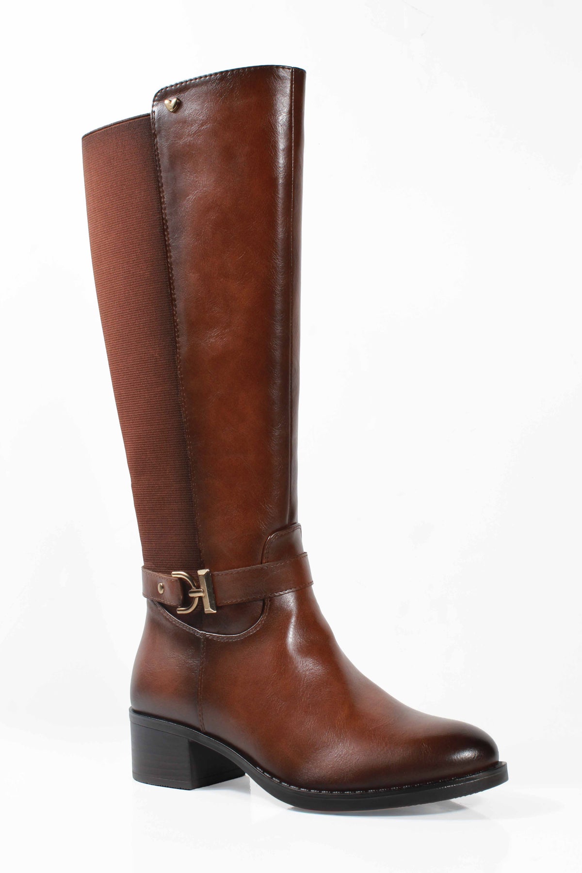 Susst Sammy26 Tan PU Ankle Strap Knee Boots