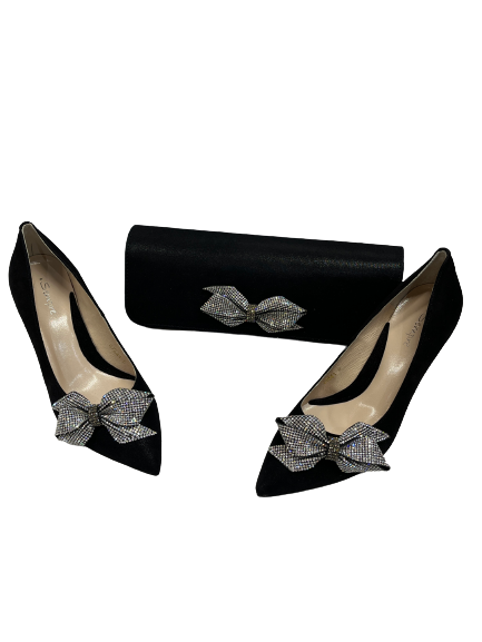 Sempre SAT7841/821o Black Suede Heels with Diamonte Bow
