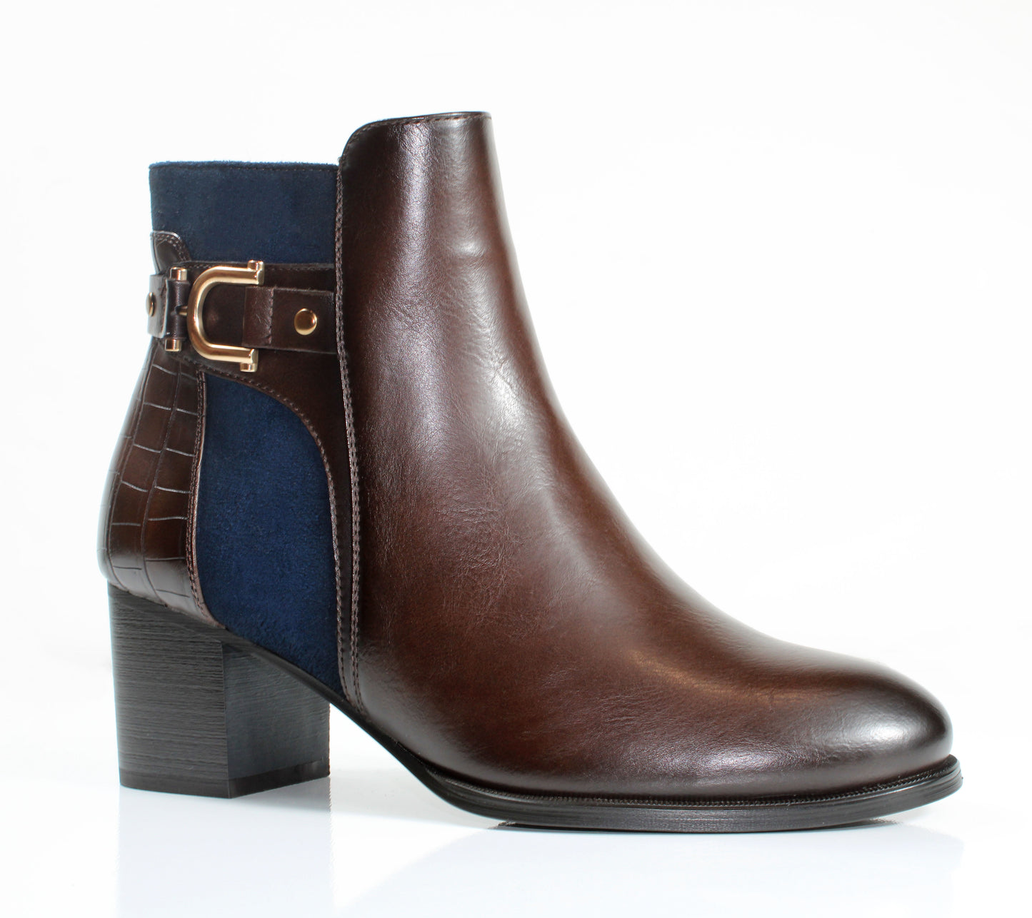 Susst SUZY25 Brown/Navy PU Low Heel Strap & Buckle Trim Ankle Boots