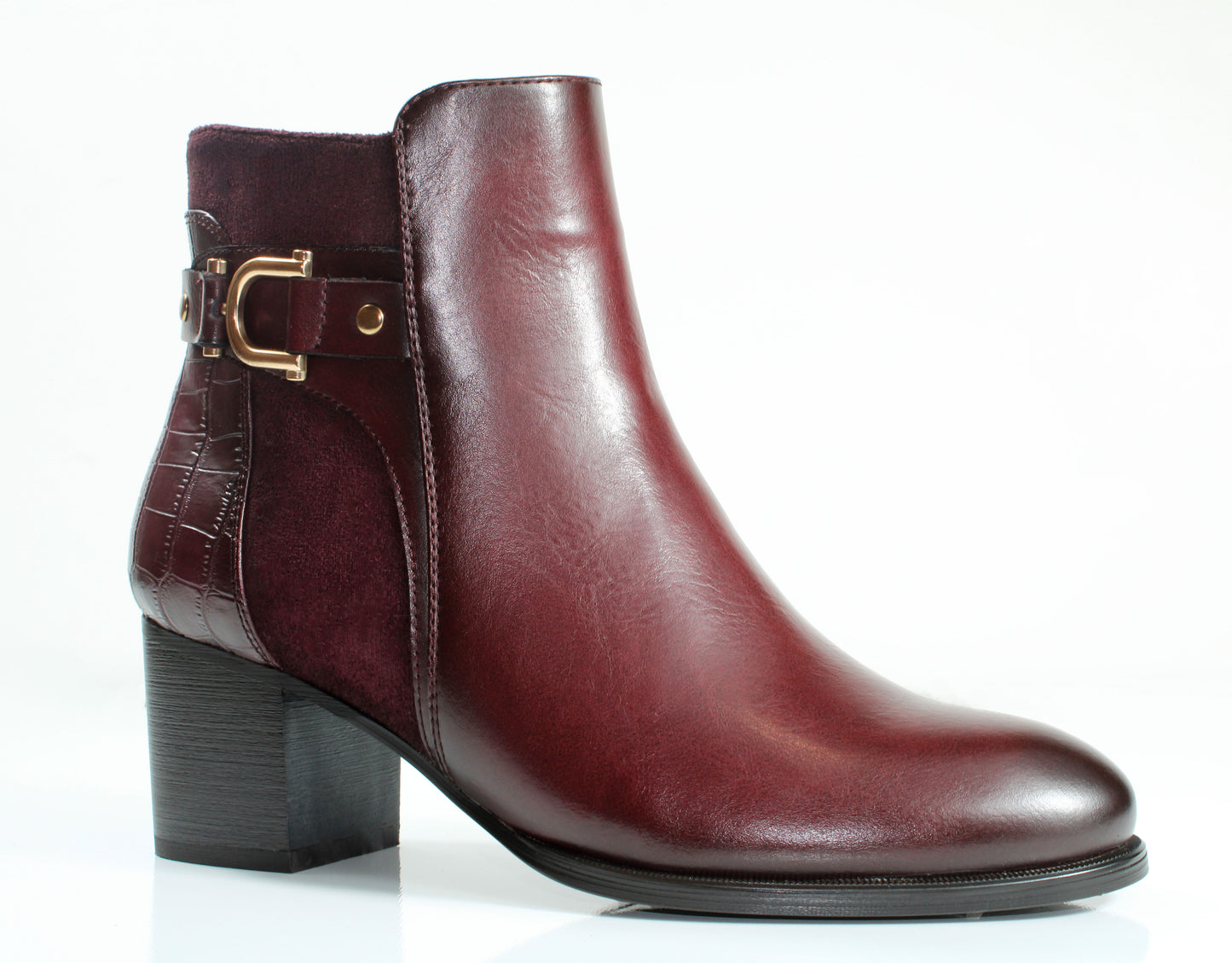 Susst SUZY25 Burgundy PU Low Heel Strap & Buckle Trim Ankle Boots