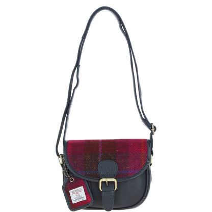 Ashwood Leather TW-26 06-Navy/Pink Leather/Tweed Small Saddle Bag