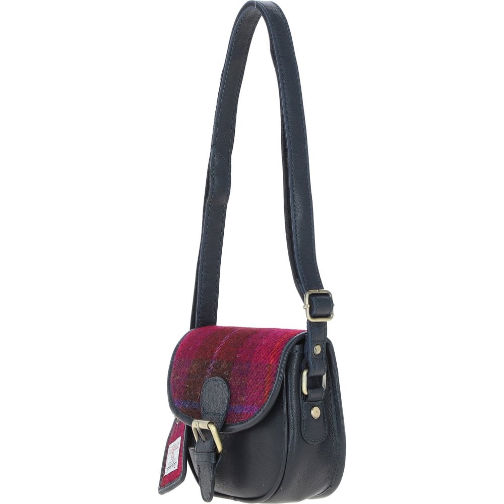 Ashwood Leather TW-26 06-Navy/Pink Leather/Tweed Small Saddle Bag