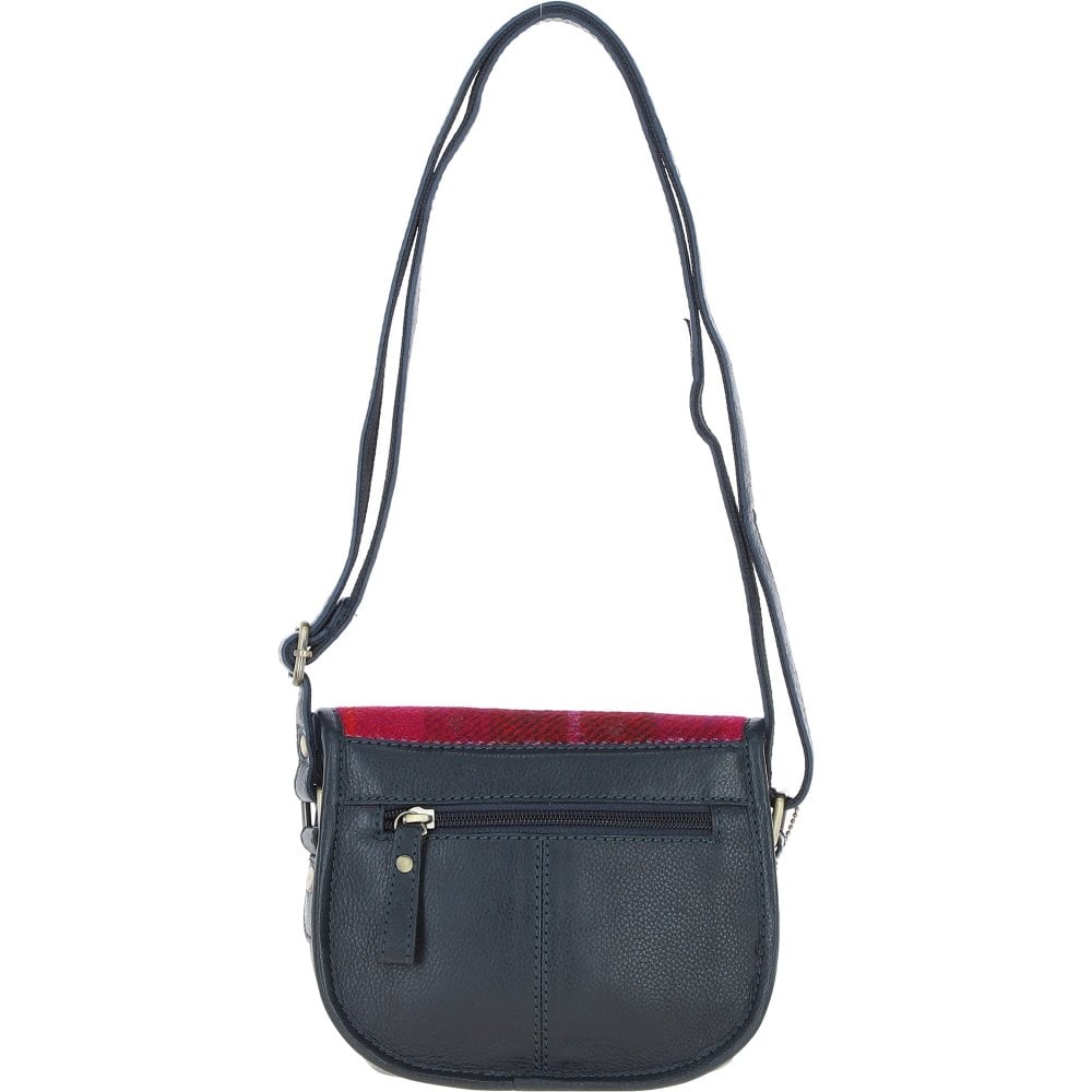 Ashwood Leather TW-26 06-Navy/Pink Leather/Tweed Small Saddle Bag