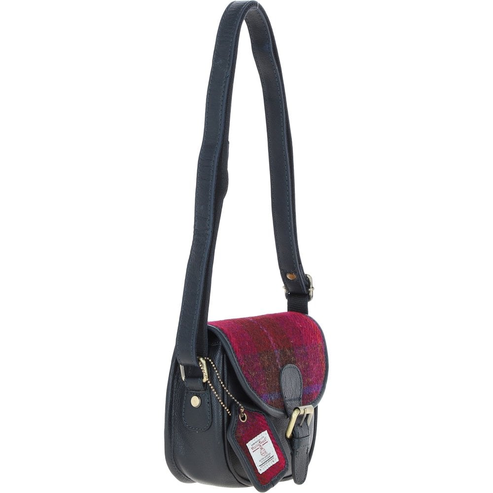Ashwood Leather TW-26 06-Navy/Pink Leather/Tweed Small Saddle Bag