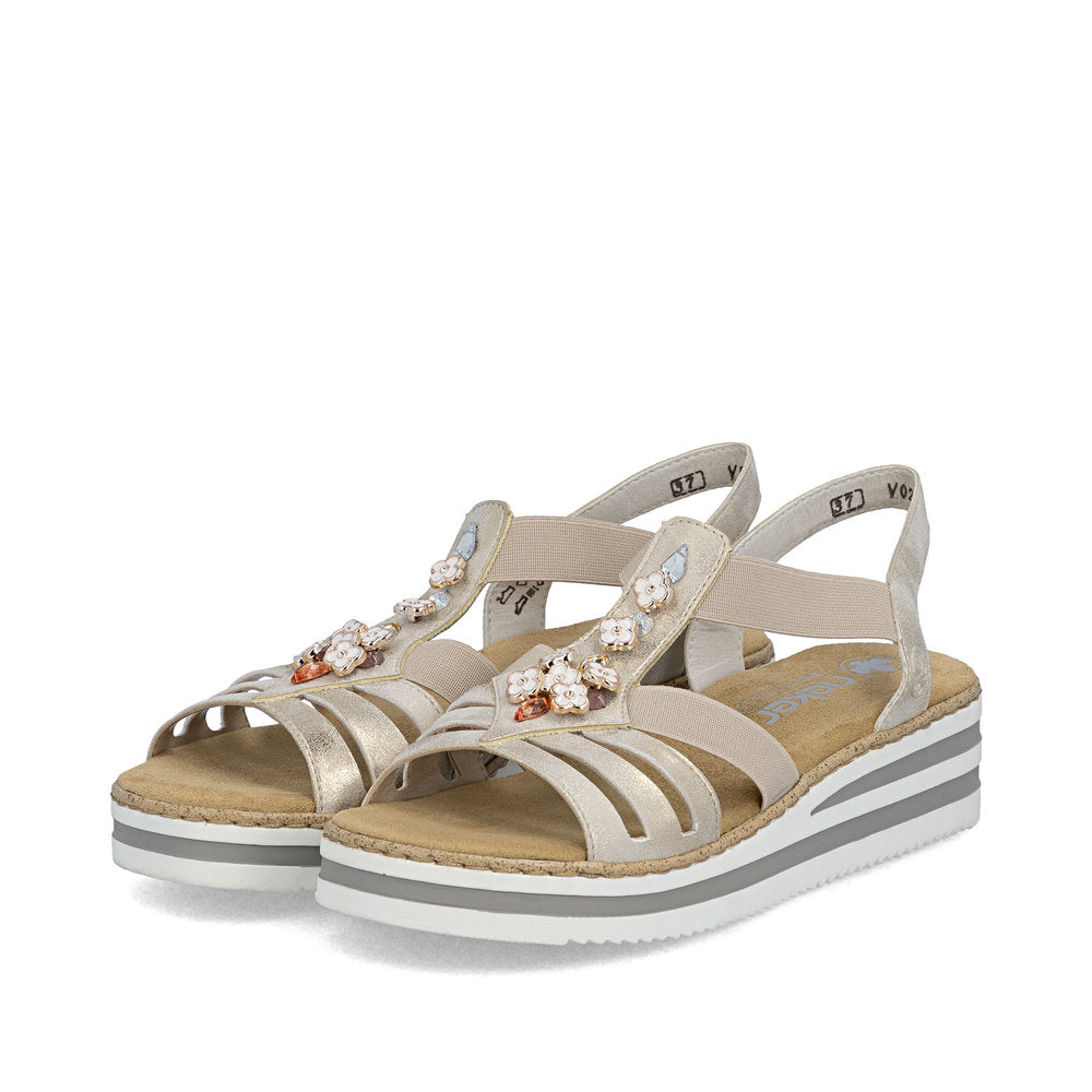 Rieker V0245-60 Beige & Gold Flower Detail E 1/2 Fit Slingback Sandals