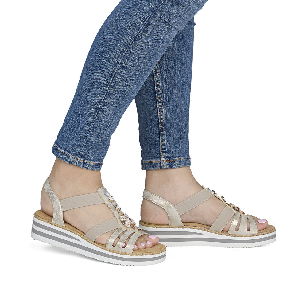 Rieker V0245-60 Beige & Gold Flower Detail E 1/2 Fit Slingback Sandals