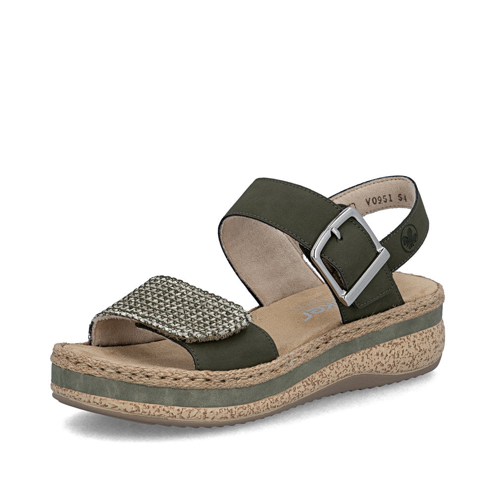 Rieker V0951-54 Schilf Green Combi E 1/2 Fit Slingback Sandals