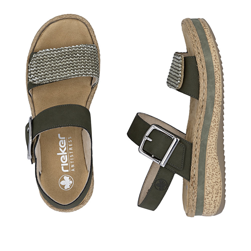 Rieker V0951-54 Schilf Green Combi E 1/2 Fit Slingback Sandals