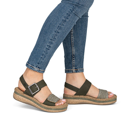 Rieker V0951-54 Schilf Green Combi E 1/2 Fit Slingback Sandals