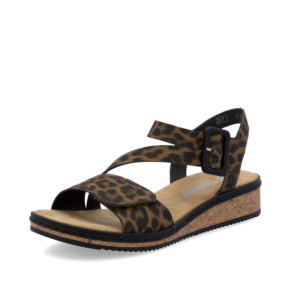 Rieker V3660-90 Leopard Print Velcro Sandals with Slingback Strap