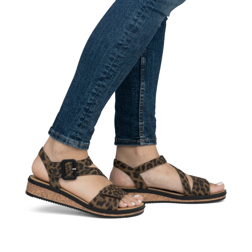 Rieker V3660-90 Leopard Print Velcro Sandals with Slingback Strap