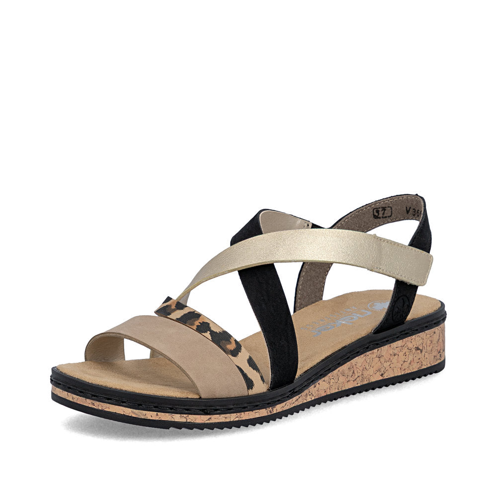 Rieker V3663-92 Shell, Beige, Light Gold & Black Combi F Fit Slingback Sandals